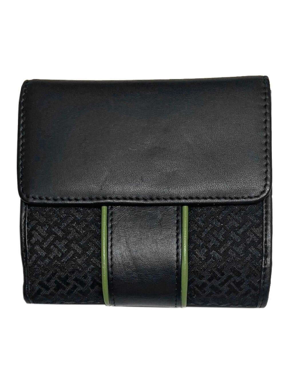 Talbots Black Logo Print Bifold Wallet with Black and Green Leather Trim